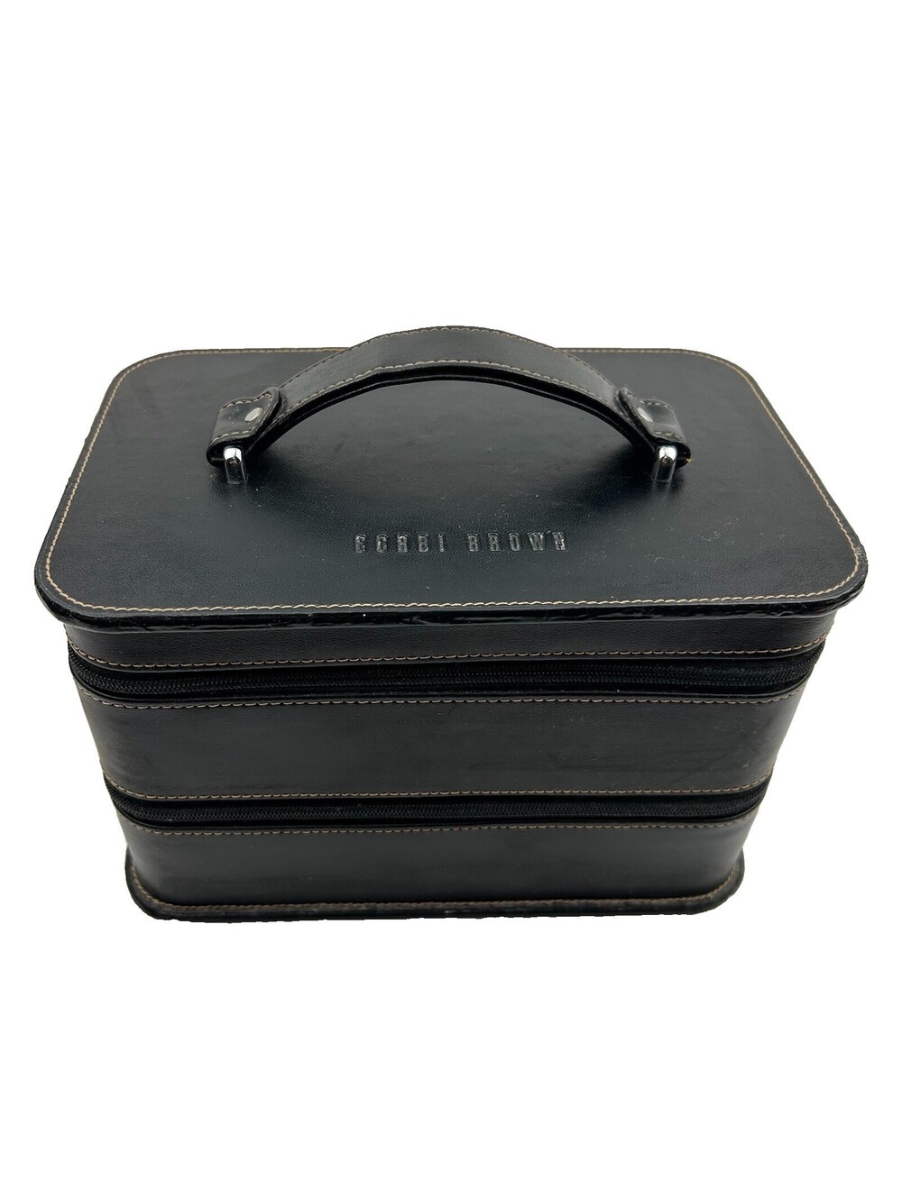 Bobbi Brown Black Leather Makeup Train Case Tan Tiered 2 Zip Cosmetic Bag LS#12